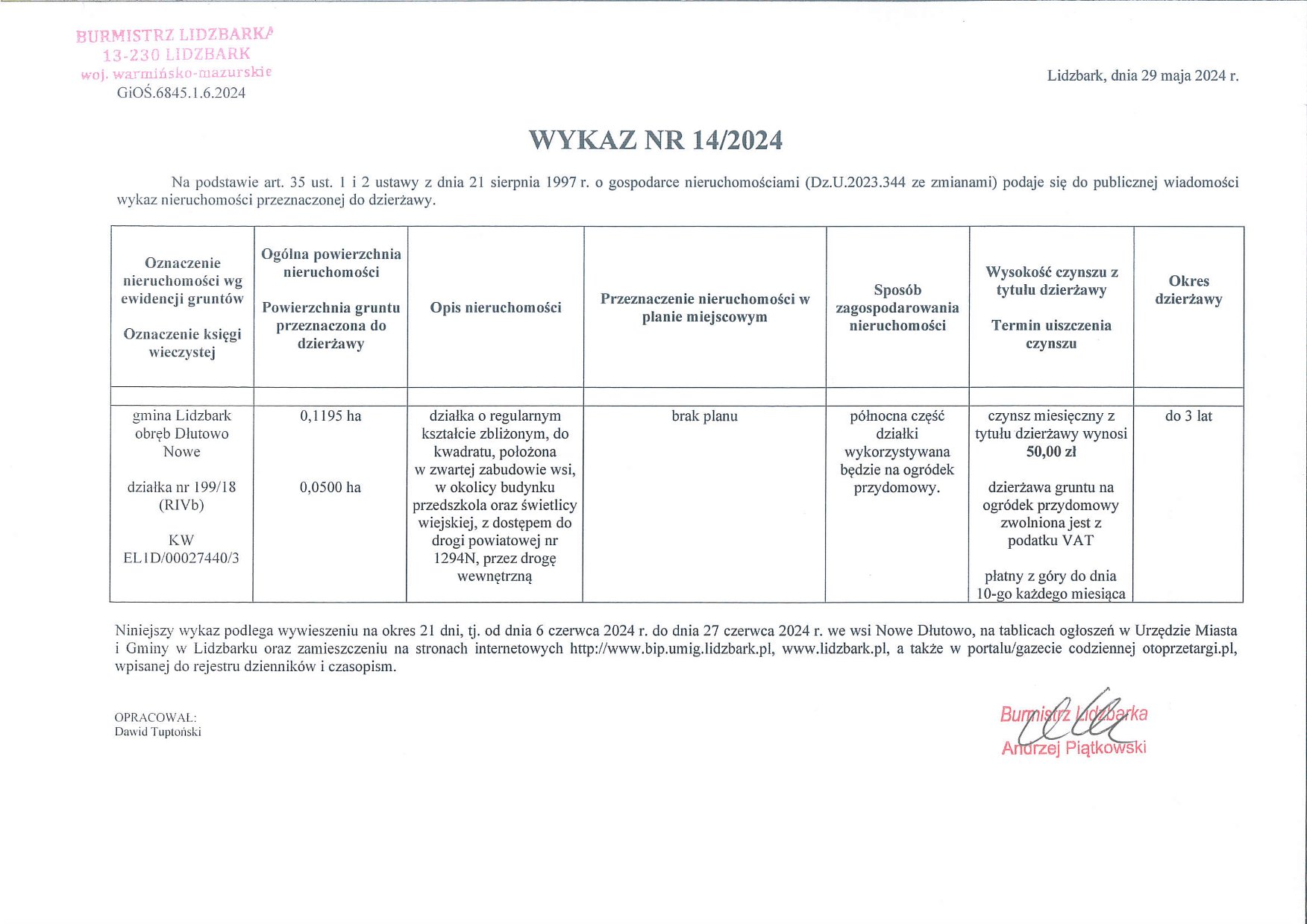 Wykaz Nr 14/2024 - Nieruchomość gruntowa do dzierżawy - obr. Dłutowo Nowe, część dz. nr 199/18